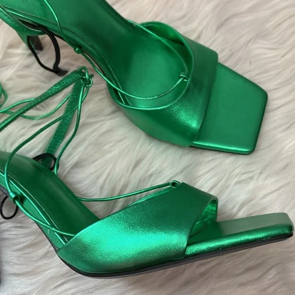 NWOT Zara Metallic Green Lace-up Leather Sandals, Size 7.5 - Picture 9 of 17